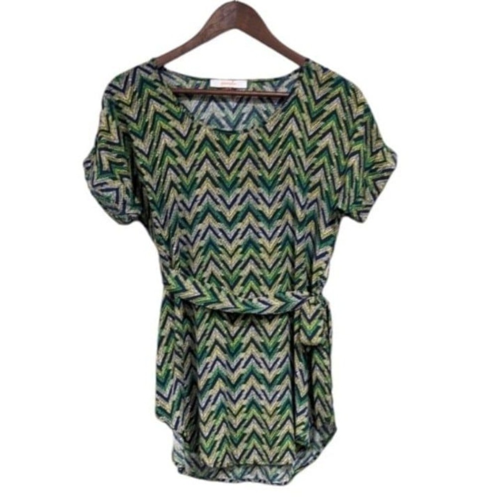Pomelo Tunic Top Blouse Women XS Green Chevron Boho Belt Office Work Tropical
